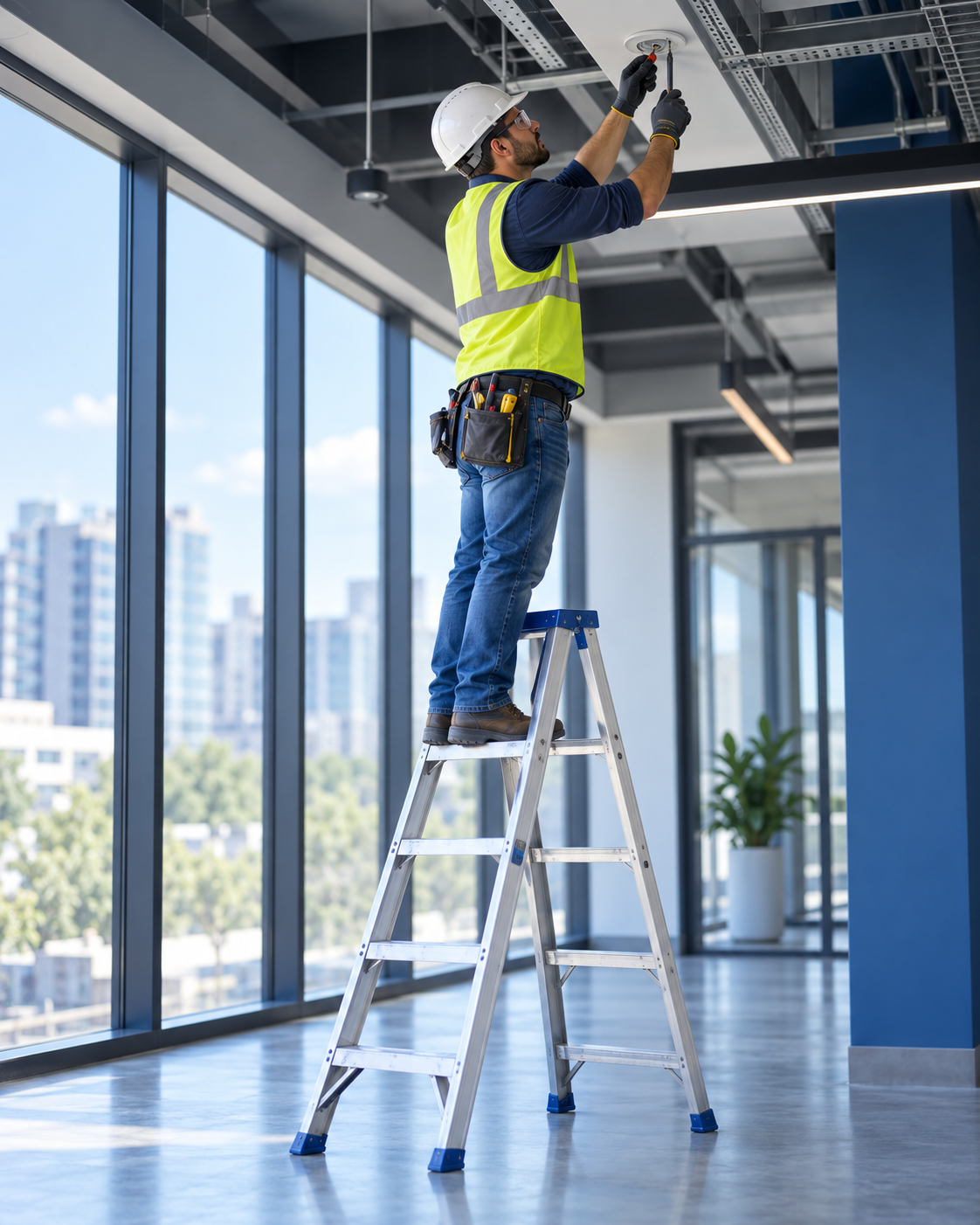 Persona utilizando una escalera para trabajar en altura