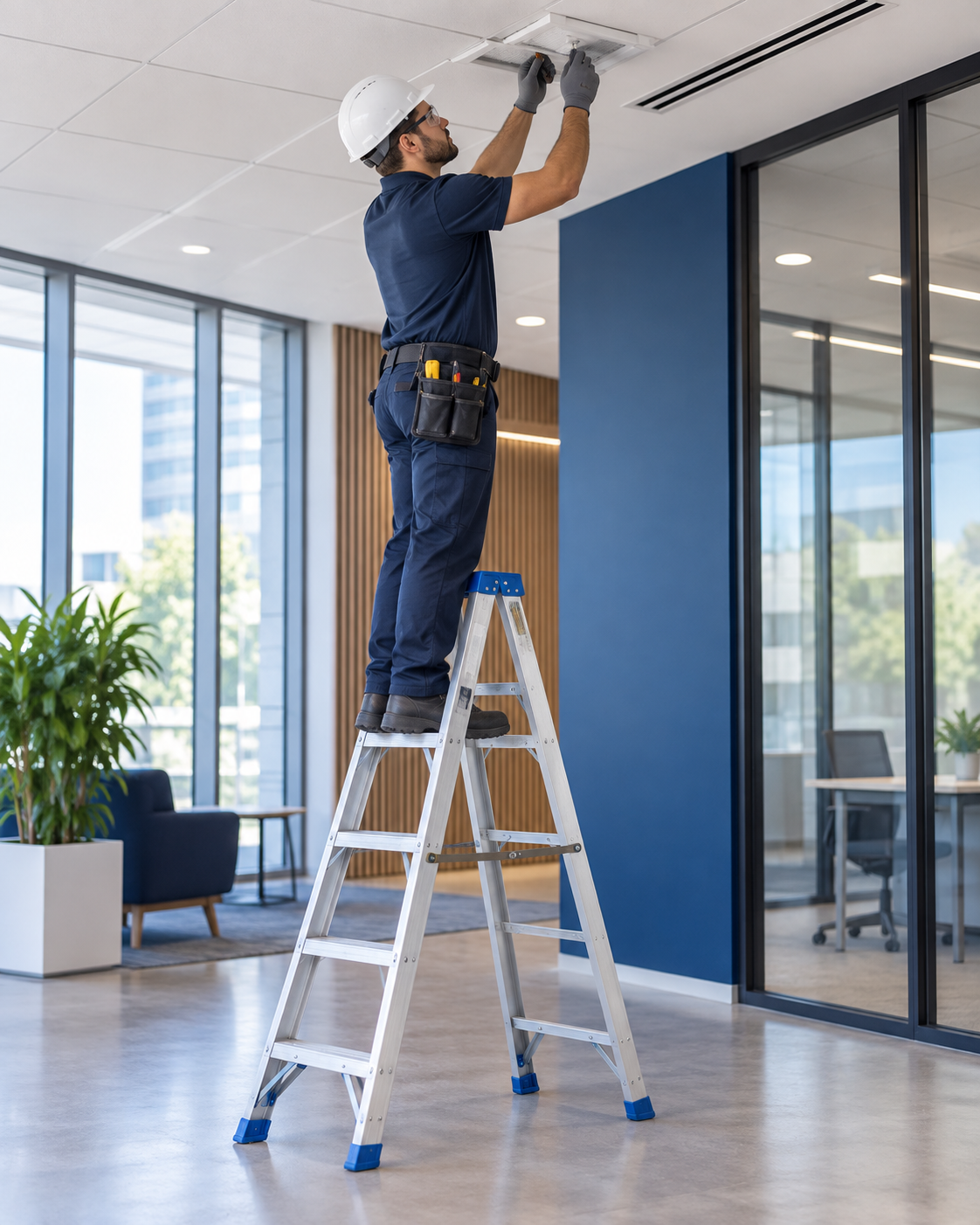 Escalera de tijera utilizada en mantenimiento