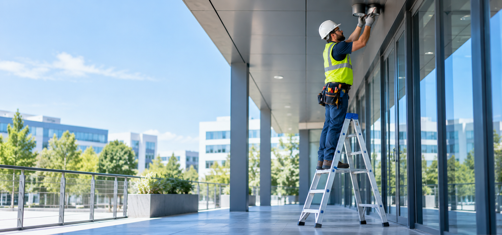 Uso profesional de una escalera en trabajo de mantenimiento