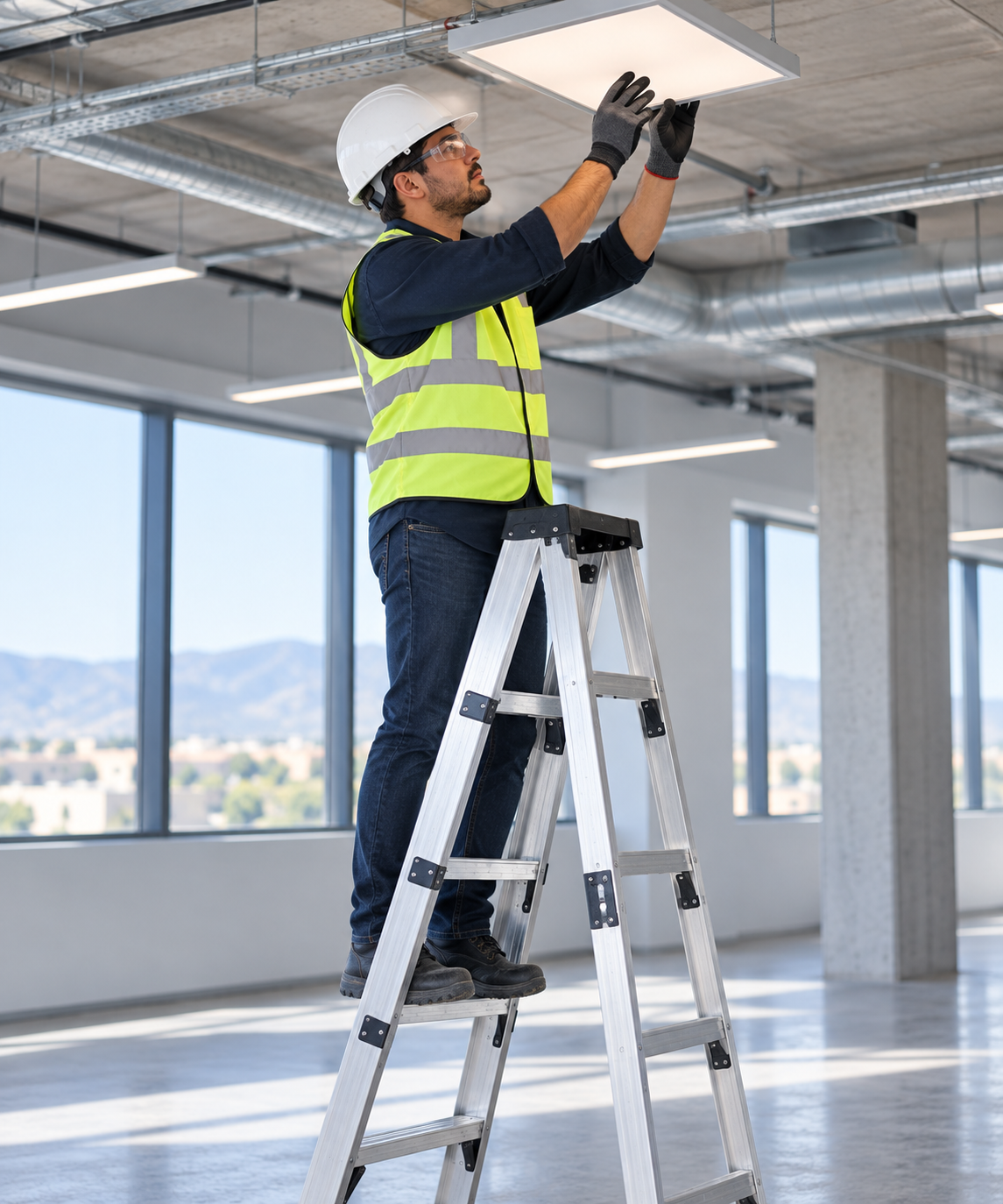 Persona trabajando correctamente sobre una escalera